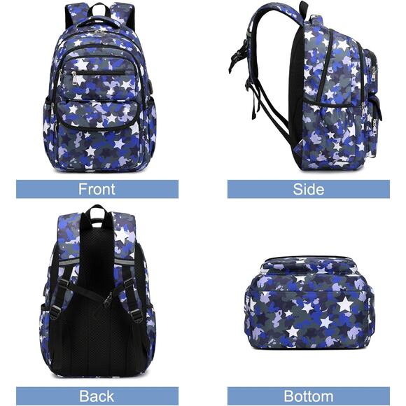 Blue Camo Star Print Backpack & Lunch Bag Set – School Bag Combo USB Port - Picture 3 of 6